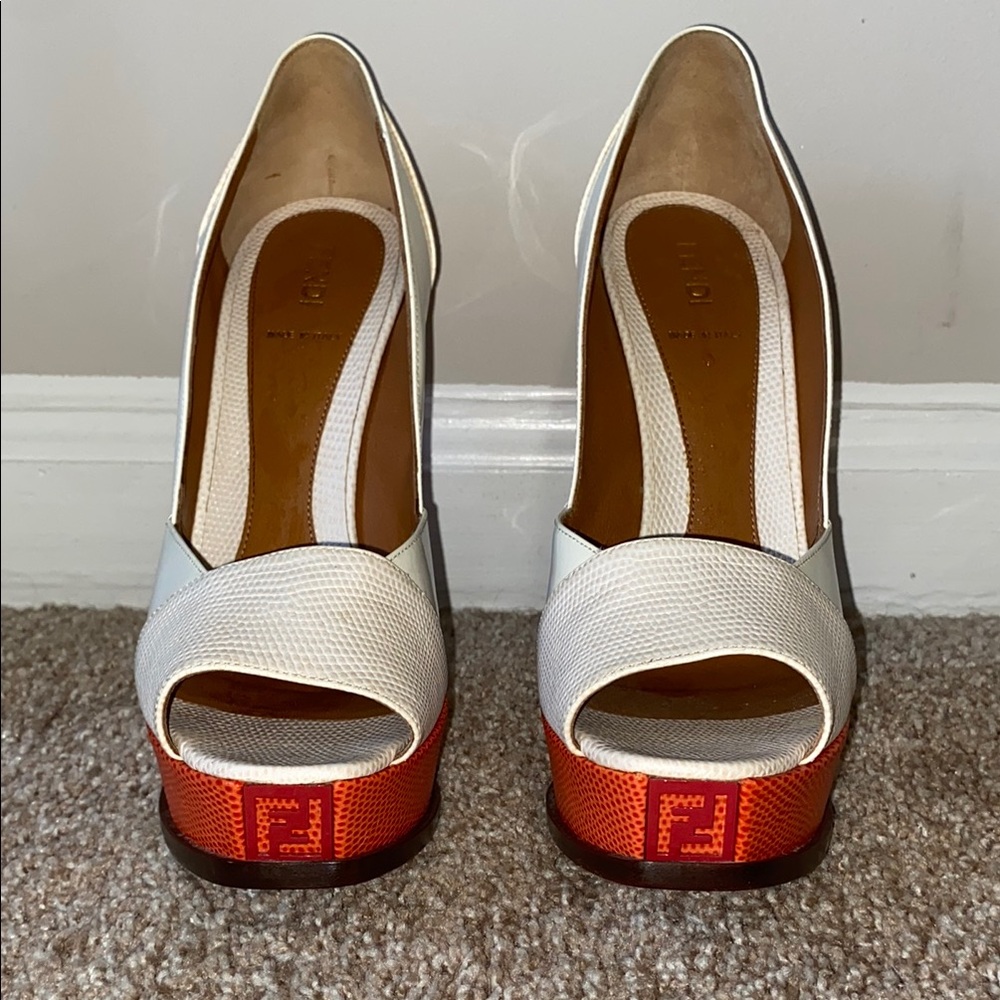 FENDI | Elegant White and Orange Peep-Toe Heels